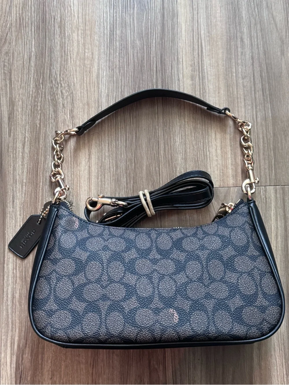 Coach Navy and Black Signature Canvas Shoulder Bag with Gold Hardware